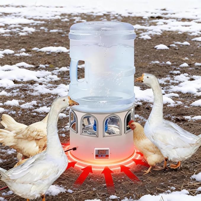 Heated Chicken Waterer 5 Gallon Bucket, Poultry Water Heater, Adjustable Temperature 32-122℉, Heated Chicken Water Bowl for Winter Outdoor Chicken Coop Ducks Geese Pigeons