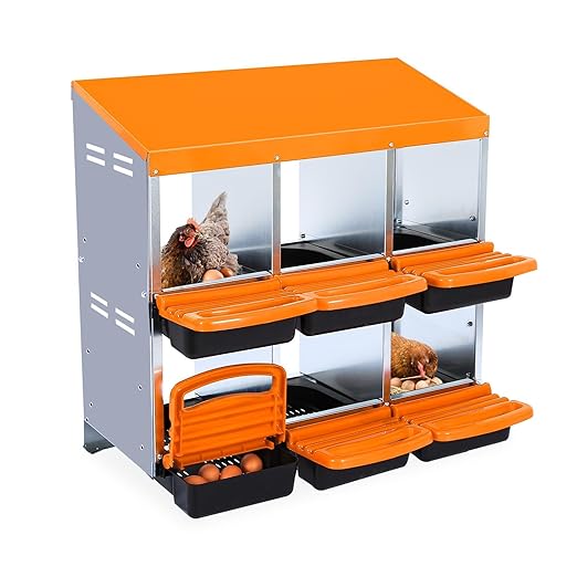 Chicken Nesting Boxes, 6 Hole Metal Chicken Laying Box with with Removable Trays and Roll Out Egg Collection for Chicken Coop, Orange