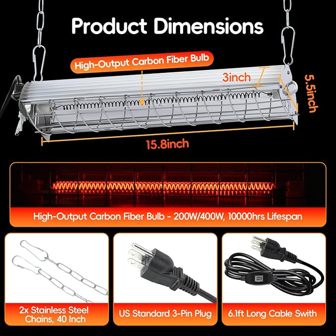 Large Chicken Coop Heater Lamp，400W Carbon Fiber Chicks Brooder Heater Plates with Adjustable Temp & Height,Brooder Heating Lamp for Chicks Coop,Ideal for Up to 60 Chicks, Poultry & Livestock Heating