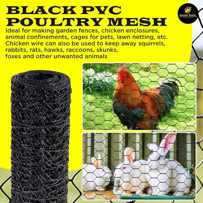 36” x 50 FT PVC Hexagonal Poultry Netting Chicken Wire | 1" Mesh | 20 Gauge | Black PVC Vinyl Coated | Rust Proof | for Garden, Fence, Chicken, Rabbit, Pet Enclosures