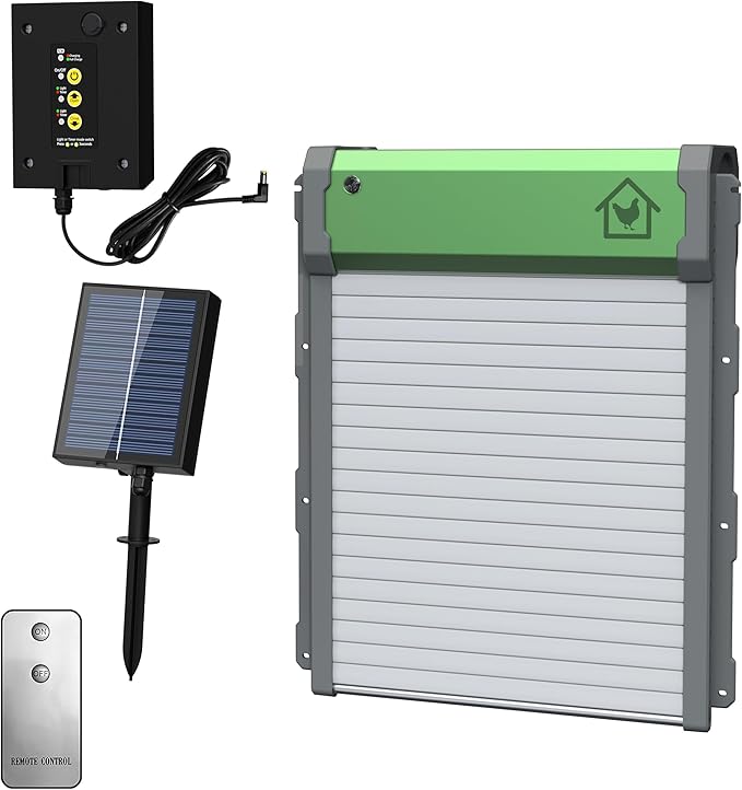 Automatic Chicken Coop Door, Solar Powered Door Opener with Timer & Light Sensor, 4 Modes IP65 External 2000mAh Power Supply Connection with Remote Control & Anti-Pinch Function for Family, Farms