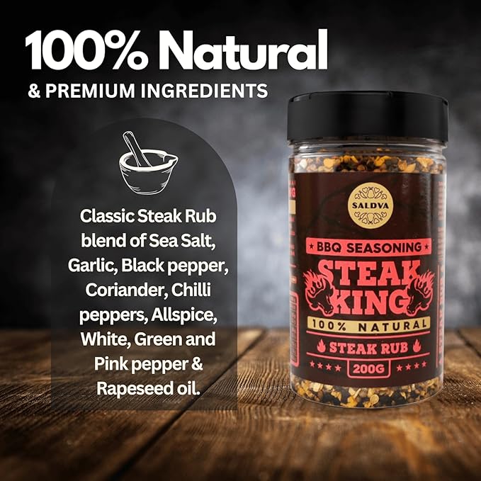 Steak King BBQ Rub - 100% Natural Seasoning - Perfectly Balanced Blend of Spices for Extraordinary Steaks and Other Beef Dishes - Large Jar (200g)