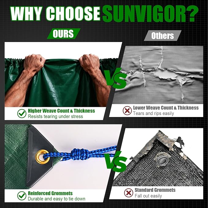 Sunvigor Tarp Waterproof 12x24Ft, Extra Thick 14 Mil Heavy Duty Tarp Cover, Tear & Fade Resistant, Outdoor Tarps with Brass Grommets and Reinforced Edges for Roof, Camping, Patio, Boat (Green)