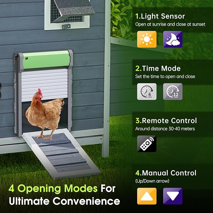 Automatic Chicken Coop Door Solar-Powered Chicken Coop Door with Remote Control - Smart Timer & Light Sensor, Anti-Pinch Safety Design, Large Weatherproof Entry for Poultry (Green)