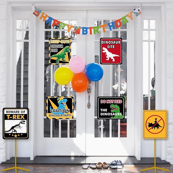 WERNNSAI Dinosaur Birthday Decorations - 12 PCS Dinosaur Party Supplies for Boys Kids Dino Birthday Funny Sign Decor for Jurassic Theme Baby Shower Holiday Party Favors Caution T-Rex Sign Wall Decor