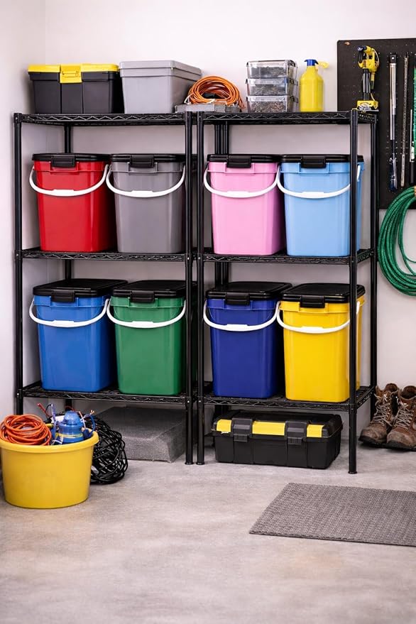 House Naturals 4 Gallon Square Food Grade Bucket Pail with Plastic Handles and Lid (Pack of 3) Made in USA containers (Pink - Black lids)