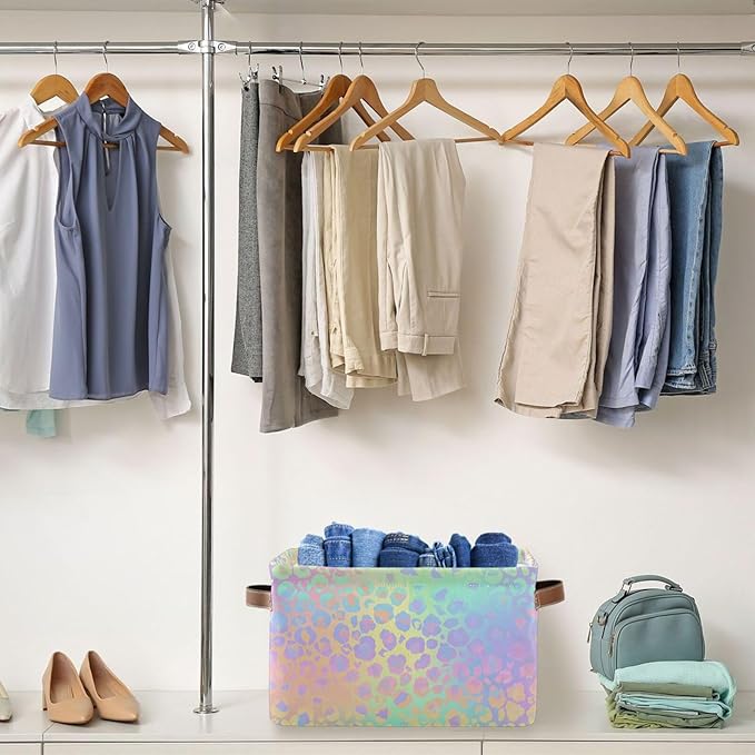 JIPONI Rainbow Leopard Fabric Storage Bins for Shelves, Decorative Storage baskets for organizing, Closet Organizer with Handle for Cloth, Toys, Bedrooms, Farmhouse