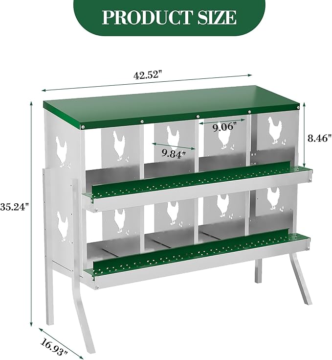 8 Holes Chicken Nesting Boxes, Nesting Boxes for Chickens, Easy to Clean and Install, Chicken Laying Box for Outdoor Chicken Coop Farm Yard, with Metal Legs, Green