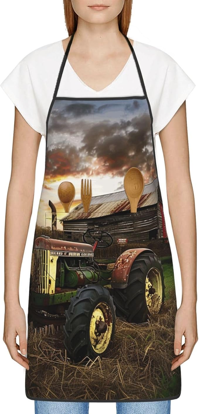 Old Tractor Photo Farm Printed Adjustable Chef Apron with Pockets - Unisex Cooking Apron for Kitchen Grill Painting & Restaurant Use