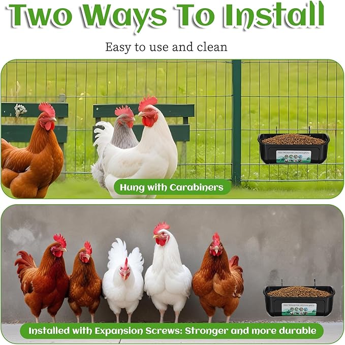 4 Pack Hanging Chicken Feeders Plastic Goat Feeder Supplies with Metal Clips Chicken Waterer Bucket Container for Goat Duck Horse Pig Hog Poultry