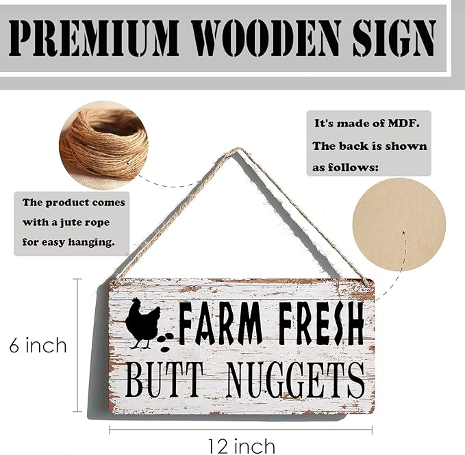 Funny Chicken Coop Signs Farm Decor - Farmhouse Kitchen Wall Decor, Rustic Outdoor Chicken Coop Decorations - Farm Fresh Butt Nuggets Sign, Wooden Home Decor Chicken Mom Gifts (6x12 Inch)