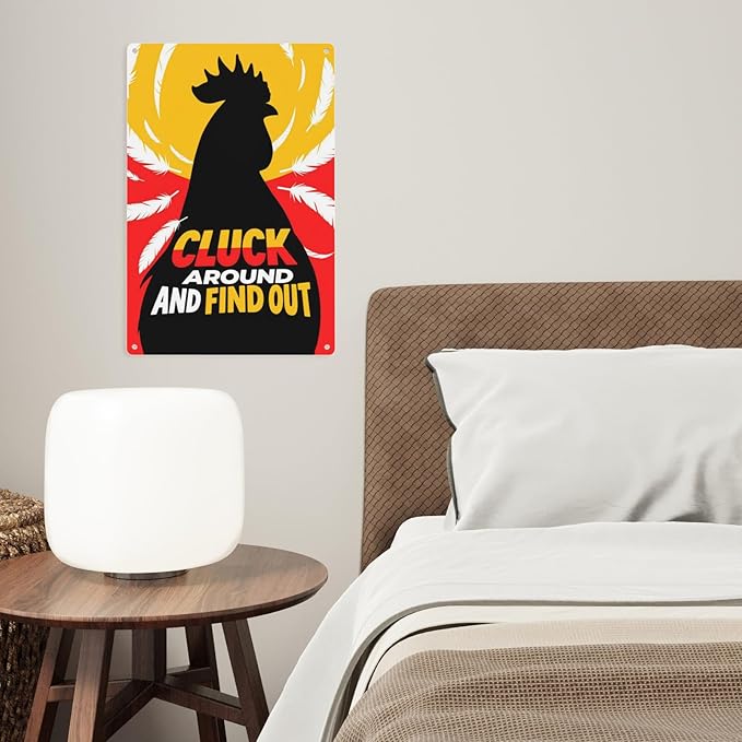 Funny Chicken Sign Cluck Around and Find Out Sign For Farmhouse Decor Chicken Coop Accessories 8x12 in (red-yellow-chicken)