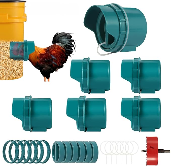 Chicken Feeder No Waste, 6 Ports Automatic Poultry Feeder with Covers & Hole Saw, Rain Proof Chicken Feeder Port for Buckets, Bins & Barrels