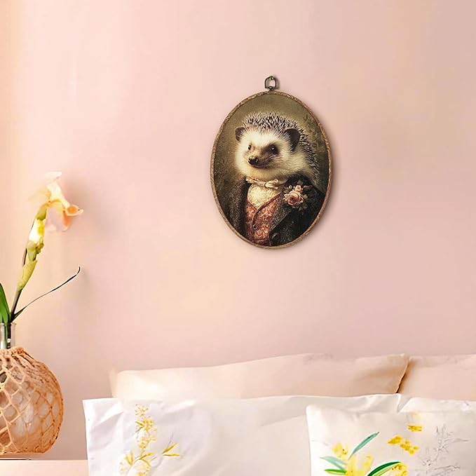 Hxlac Vintage Whimsical Hedgehog Oval Wall Art Framed, Renaissance Style Hedgehog Oval Wall Decor, Moody Animal Canvas Prints Wall Sculptures for Home Bedroom Living Room Gallery Decor, 8.5x11.5 Inch