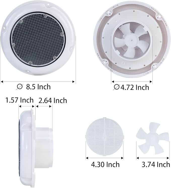 RV Roof Vent Fan, Solar Vent Fan - Upgraded 1440 CFH Powerful Ventilation, IP65 Waterproof Quiet with Insect Screen, for Boat Cabin, Camper, Roof, Greenhouse, Indoor Ventilation Systems