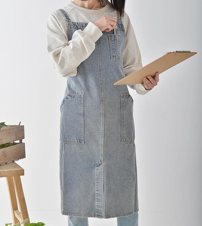 Cotton Denim Apron Soft - Unisex Adjustable Bib Apron with 5-Pockets Perfect for Kitchens