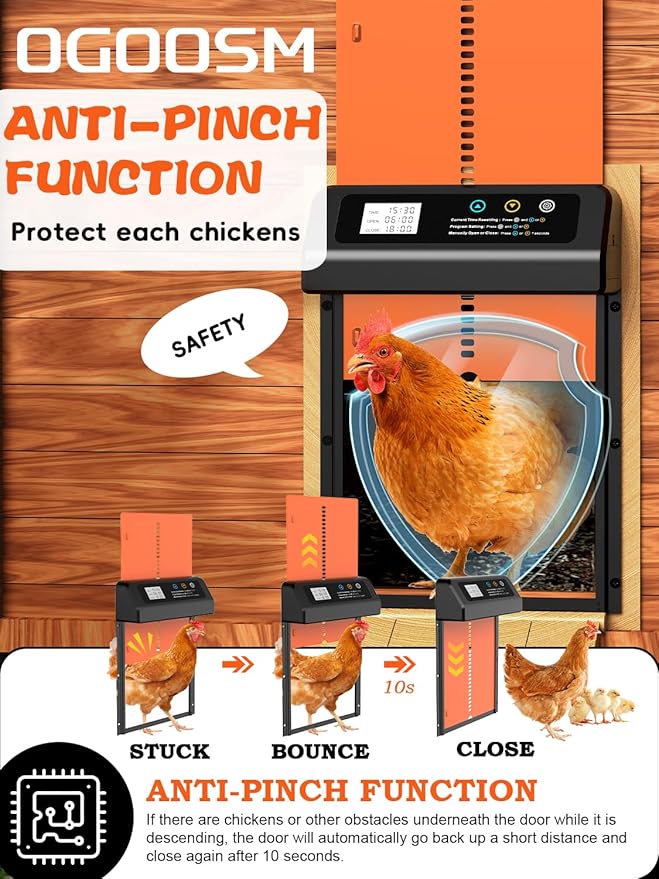 Automatic Chicken Coop Door, Aluminum Automatic Chicken Door with Anti-Pinch Feature, Timer and LCD Display (Black-Orange)