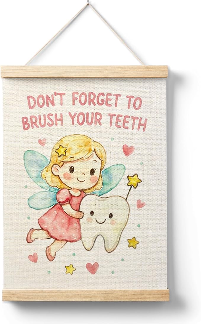 AQYIP Cute Tooth Fairy Kids Bathroom Wall Art Decor, Girls Bathroom Decor, Don't Forget to Brush Your Teeth Poster Canvas Prints for Children's Bedroom Dental Office Wall Decoration, 12x16 Inch