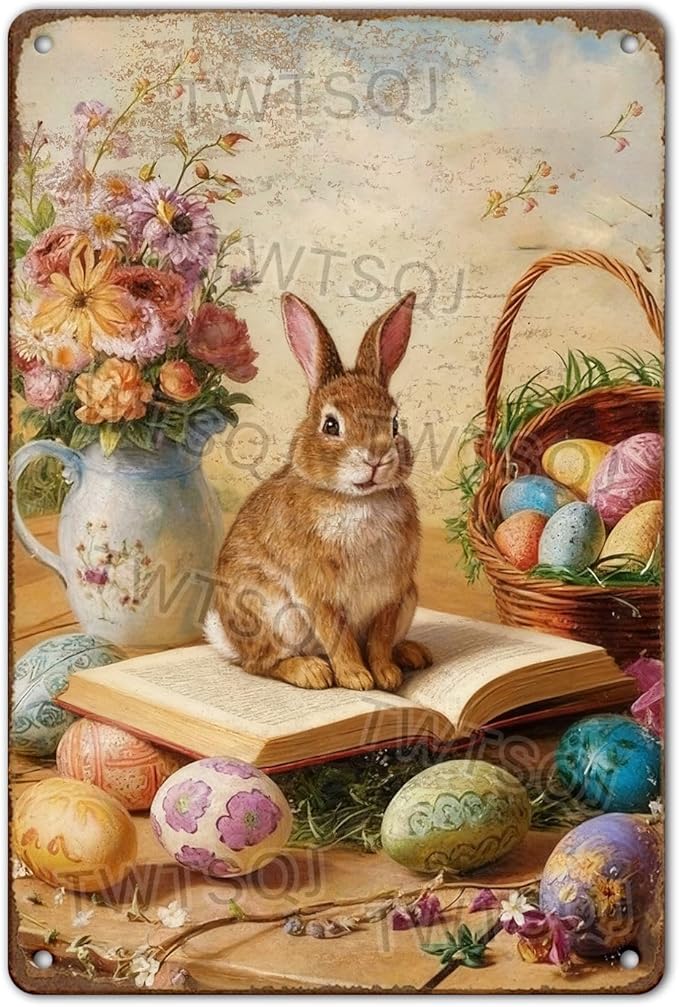 YoyaVex Vintage Easter Bunny Metal Sign Rustic Farmhouse Design Aluminum Wall Decor For Indoor Outdoor Use In Home Garden Bar Cafe Office Club 8X12Inch