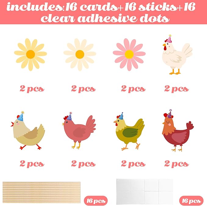 Chicken Themed Centerpiece Sticks Floral Chicken Birthday Table Toppers 16PCS Boho Daisy and Chick Party Decorations Farm Animals Centerpieces for Barnyard Theme Baby Shower Supplies