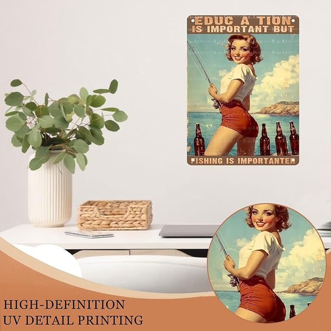 Pin Up Girl Fishing Metal Tin Sign Fishing Ls Lmportanter Vintage Sign for Wall Art Decor for Home Angler Wall Decor Cafes Lake House Seascape Decor 12X16Inch