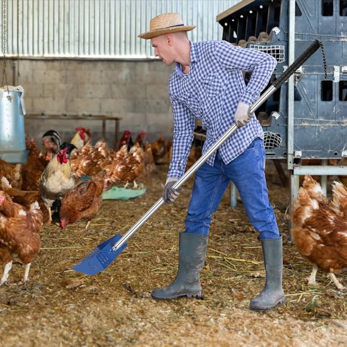 Heavy Duty Chicken Coop Rake and Scoop, 15 Inch Extra Large Chicken Coop Rake with Adjustable Stainless Steel Handle (25 to 73 Inch)，Metal Multi-Use Cleaning Shovel for Coops, Beach（Blue）
