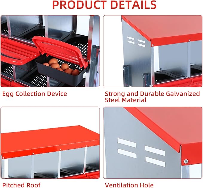 Metal Chicken Nesting Box, 10 Compartments, Unique Egg Collection Design, Red