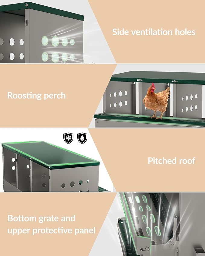 Chicken Nesting Boxes 10 Compartments, Metal Chicken Nesting Boxes, Waterproof & Rustproof Laying Boxes for Hens, Ventilation & Perch, Roll Away Egg Laying Box for Hens,Wall-Mountable & Freestanding