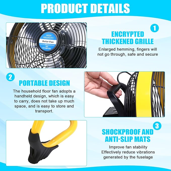 Sumind Solar Powered Fan 15000mah 20w Portable Ventilador Rechargeable Camping Fan Battery Powered with Panel and Light for Outside, Home, Travel, Chicken Coop, Shed, Greenhouse(Yellow,10 Inch)
