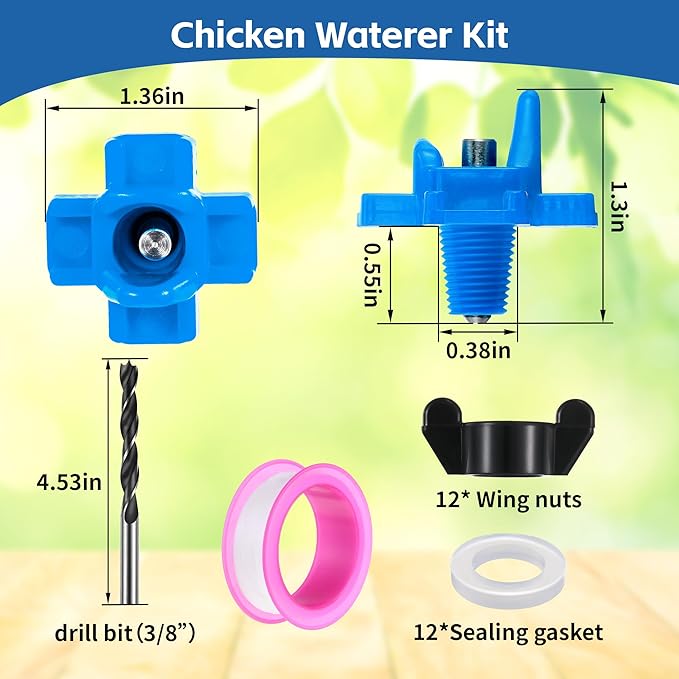 Dreyoo 12 Pcs Horizontal Chicken Waterer Nipples, Automatic Poultry Nipple Waterer with Drill Bits for Bucket Chicken Feeders, Non Leak Chicken Waterer Kit for Chicken Coop Outdoor