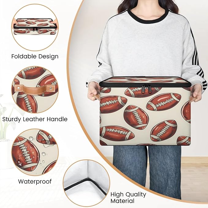 Storage Cubes with Lid Fabric Storage Bins Boxes PU Leather Handles, Rugby Football Closet Organizer Container Foldable Washable Shelf Cloth Basket, Rugby Balls Sport