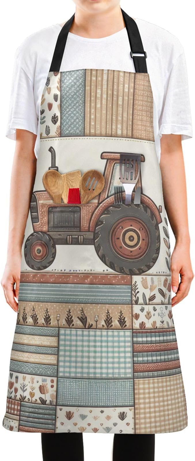 Vintage Checkered Farm Tractor Apron, Aprons for Women with Pockets - Adjustable Apron for Men Cooking Gardening Baking