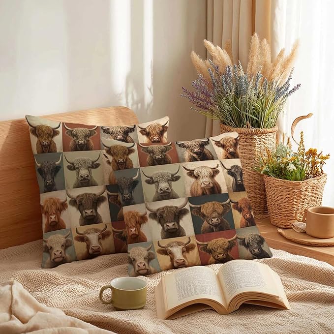 Highland Cow Patchwork Print Throw Pillow Covers 18x18 Inch, Set of 2 | Western Farmhouse Square Cushion Cases for Couch & Living Room | Rustic Country Home Decor, Decorative Pillowcases