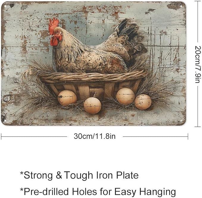 Rustic Farmhouse Hen Chicken in Basket with Eggs tin sign Vintage Rustic Farmhouse Chicken and Eggs metal sign print Suitable for room bathroom cave bar cafe garage garden and outdoor decoration