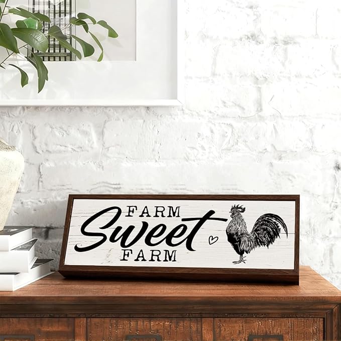 Farm Sweet Farm Sign, Country Style Home Decor, Decorative Wall Art Sign, Home Decor for Kitchen Yard Indoor Outdoor, Rustic Framed Wall Plaque 9.5x3.1x1 inches