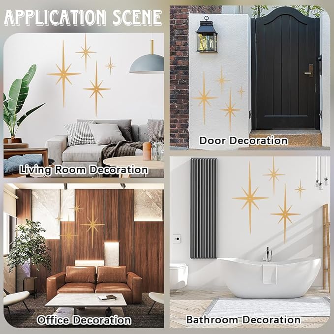 CREATCABIN 4Pcs Metal Star Burst Wall Decor Mid Century Star Decor Gold 8 Pointed Atomic Stars Celestial Wall Art Sculpture Hanging Ornament Modern Home Accents for Bedroom Office Room Decoration