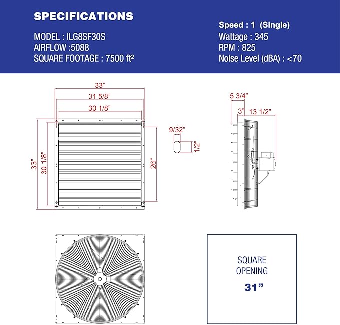 iLiving - 30" Wall Mounted Shutter Exhaust Fan - Automatic Shutter - Single Speed - Vent Fan For Home Attic, Shed, or Garage Ventilation, 5088 CFM, 7500 SQF Coverage Area, Silver (ILG8SF30S)