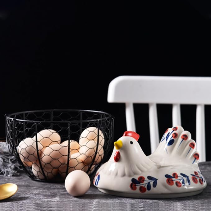 Ceramic Egg Holder, Hollow-Out Wire Chicken Egg Holder with Chicken Shaped Lid, Non Slip Basket Countertop with Handle for Gathering Fresh Eggs