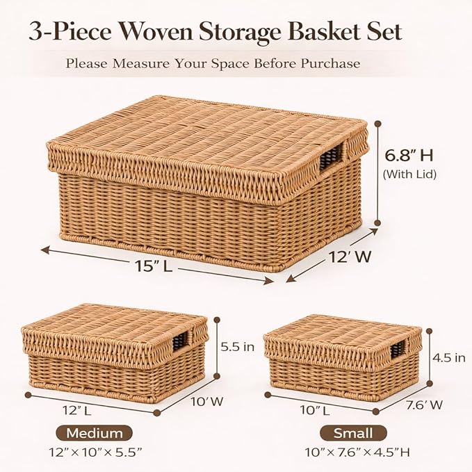 Wicker Storage Basket with Lid - Woven Storage Basket for Organizing,Rectangular Decorative Boxes Bins with Lids for Shelves,living room, Nursery, 3-Piece Set(Light Brown)
