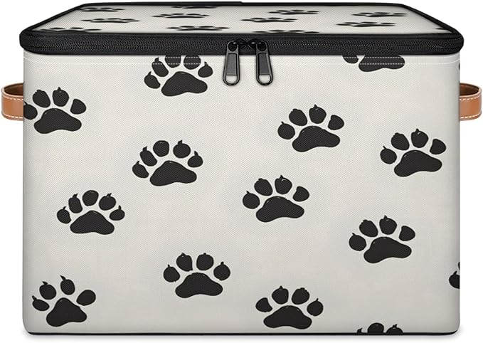 Storage Cubes with Lid Fabric Storage Bins Boxes PU Leather Handles, Dog Pet Paw Print Closet Organizer Container Foldable Washable Shelf Cloth Basket, Cat Pet Paw