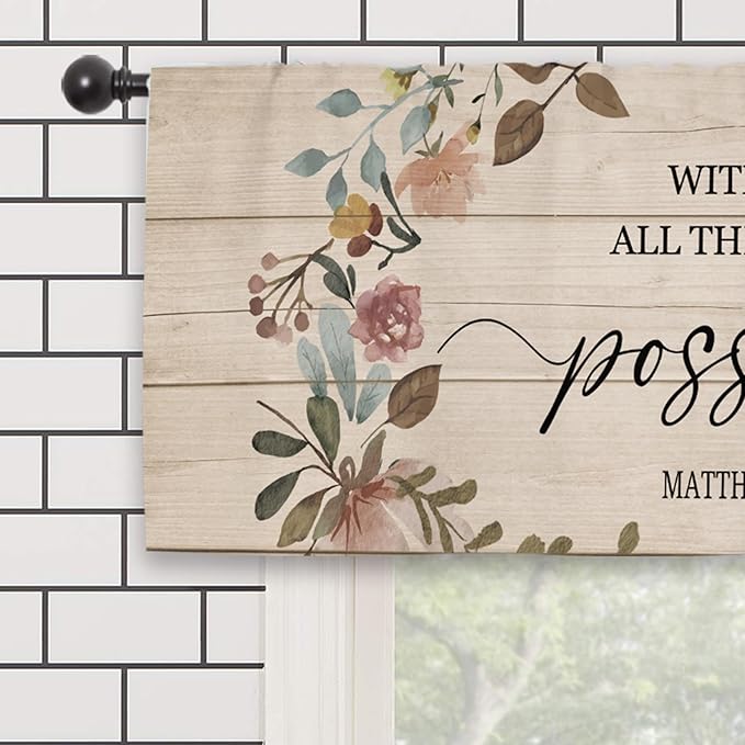 Bible Scripture Quotes Kitchen Curtain Valance 54W x 18L Inch Farmhouse Rustic Flower Country Motivational Religeous Rod Pocket Short Cafe Small Window Treatment Drapes Decor