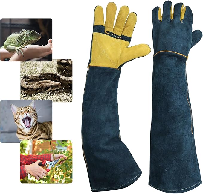 Animal Handling Gloves Bite Resistant, 23.6'' Anti Scratch Gloves for Cats, Bite Proof Leather Pet Glove for Grabbing Cat Reptile Puppy Bird Poultry or Gardening Welding (Reinforced Palm)