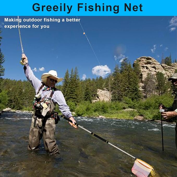 Fishing Landing Net, Fishing Net with Handle for Fishing with Splicing Extension Pole Handle Sturdy Stainless Steel Tubes Comfortable Sponge Handle, yellow