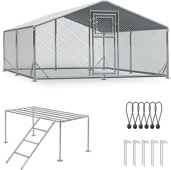 10x13FT Metal Chicken Coop, Dutch Door Chicken Run with Chicken Perch, Cover and Hardware Cloth, Walk in Duck Pen for Backyard Poultry and Pet Farming
