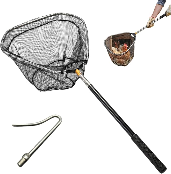 Telescopic Chicken Catching Net, Heavy Duty Stainless Steel Animal Catcher with Folding Aluminum Net, for Poultry Bird and Pet Handling