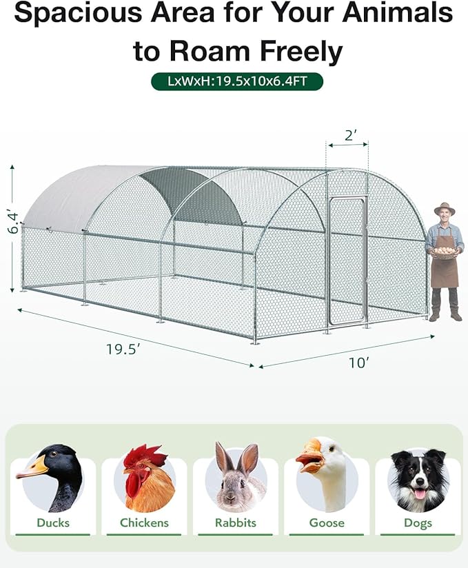 Esright Extra Large Metal Chicken Coop Run for Yard with Cover, 19.5x10x6.4 FT Walk-in Chicken Pen for Outdoor, Backyard, and Farm, Hen Cage House Suitable for 15-20 Chickens and Other Poultry