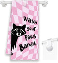 Pink Funny Raccoon Bathroom Kitchen Towels, Wash Your Paws Hand Towel for Girly Room, for Raccoon Lovers, Trendy Preppy Checkered Dish Towels Decor for Dorm Dining Room 16x24in
