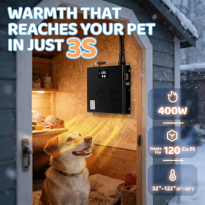 Briidea WiFi Dog House Heater 400W with LoRa Technology Up to 1200ft Long Range, 3s Fast PTC Heating, Adjustable 32–122°F for 120 Cu Ft, 11.5ft Anti-Chew Cord, 2.4 & 5GHz Dual-Band WiFi