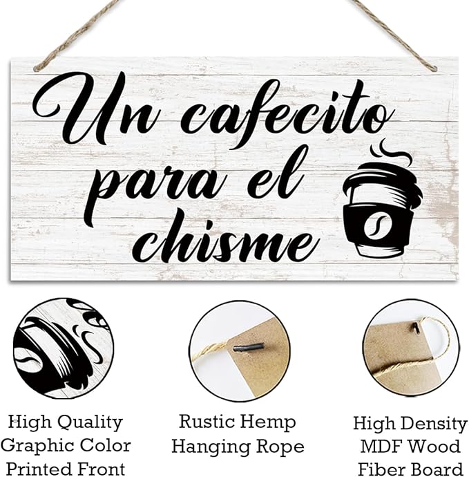 Coffee Bar Decor Sign, Un Cafecito Para el Chisme Decoration, Vintage Kitchen Decor, Funny Home Hanging Decors, Farmhouse Coffee Bar Decoration with Rope Hanging 12 x 6 Inches