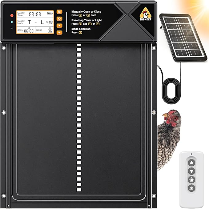 Large Solar Automatic Chicken Coop Door with Timer & Light Sensor, Aluminum Poultry Door with LCD Display, Remote Control & Manual Mode, Predator-Proof Auto Open Close Door for Chickens Ducks Hens